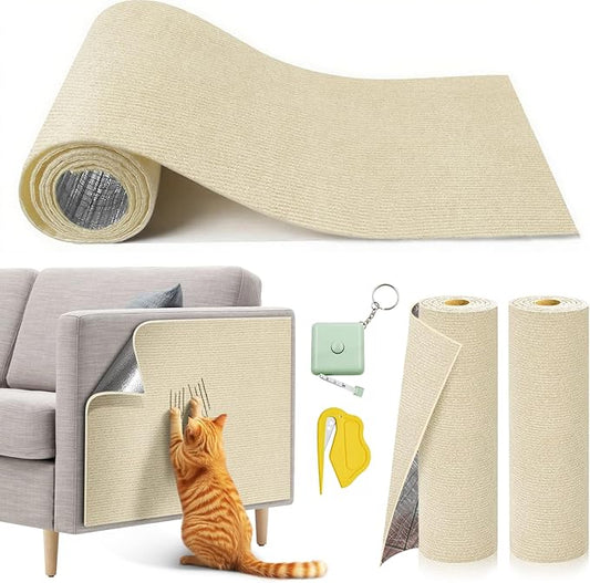 MIAOKE 2 Pcs 40 × 16 in Cat Scratch Furniture Protector with Cutter Slider and Measuring Tape, Trimmable Self-Adhesive Cat Scratch Carpet, Suitable for DIY Cat Tree Stands, Sofas,Cat Tower