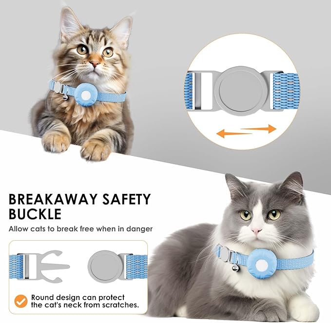 Cat GPS Tracker, Cat Tracker Compatible with Apple Find My App (Only iOS), No Monthly Fee, Waterproof, Breakaway Collar Included, Up to 1 Year Battery (White Tracker, Blue Cat Collar)