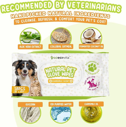 Pet Glove Wipes for Dogs & Cats | Nourish & Clean Fur & Skin | Coconut Oil & Chamomile Rinse-Free Wipes | Bathing Glove Wipes for Daily Care and Traveling | Natural, Hypoallergenic (18 Pack)