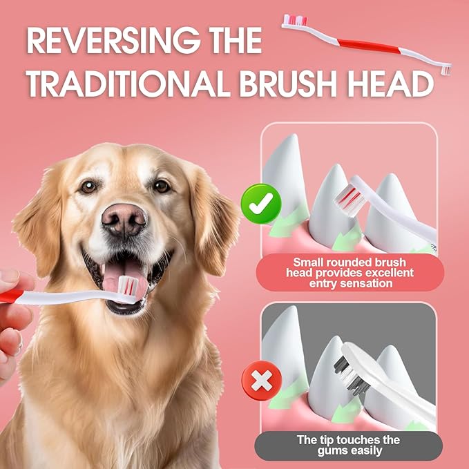 Dog Toothbrush – Newly Upgraded Dual-Head Design with 60° Wavy Bristles – Gently Surrounds Teeth for Deep Cleaning and Plaque Removal – Non-Slip Handle, Ideal for Daily Pet Dental Care (Red, 1-Pack)