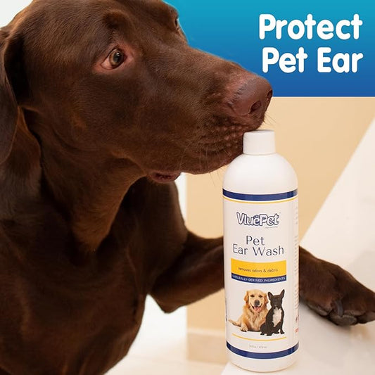 VLUEPET | Pet Ear Wash - Ear Infection Treatment to Relieve Ear Itching & Inflammation for Dog and Cat - Gently Remove Ear Wax - Natural Ingredients and Alcohol Free Ear Wash - All Natural – 16 fl oz