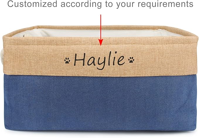 Dog Toy Box Storage Basket Bin with Personalized Custom Pet's Name Collapsible Rectangular Storage Bag For Organizing Dogs cat Clothes，Shoes，Pet Accessories (Dark blue, M)