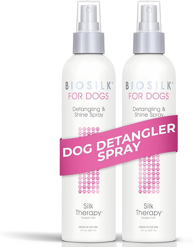 BioSilk for Pets Silk Therapy Detangling Plus Shine Mist for Dogs - Reduces Matted Fur, Shiny & Soft Coat - Suitable for All Dogs & Puppies, Made in USA, 8 Fl Oz - 2 Pack