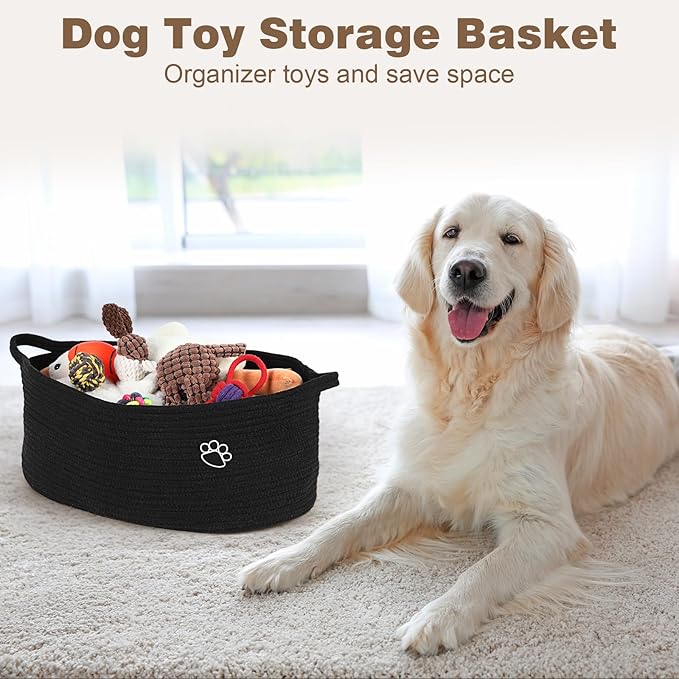 Dog Toy Basket, Toy Box and Bin for Dog Cat Storage, 19.7" X 11" X 7.9" (30L) Large Woven Rope Basket for Blanket Storage, Living Room, Bedroom, Bedroom, Black