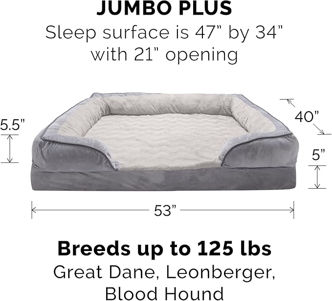 FurHaven Cooling Gel Dog Bed & goDog Toy - Squeaky Plush Dino with Chew Guard Technology for Large Dogs - Plush & Velvet Waves Perfect Comfort Sofa - Granite Gray, Jumbo Plus/XXL