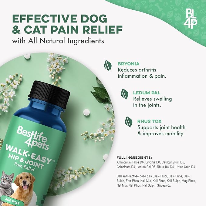 Walk-Easy Cat & Dog Joint Pain Relief, Effective Cat Pain Reliever, Anti Inflammatory & Natural Dog Hip and Joint Supplement Helps with Mobility, Limping, Hip Dysplasia and ACL Tear, 400 Small Pills