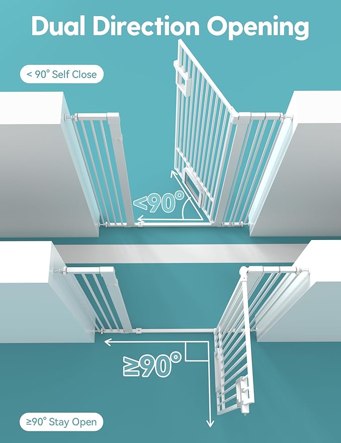 No Pawblems 55" Extra Tall Pet Gate with Adjustable Cat Door, 29-43" Auto Close Tall Dog Gate, NO Drilling Pressure Mounted for Doorways/Hallways, 1.37" Narrow Bar Spacing, White
