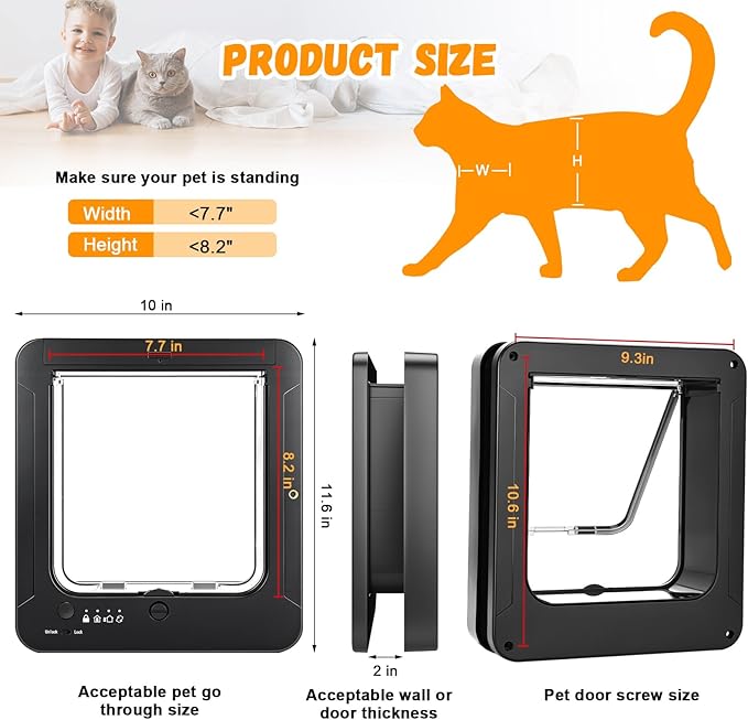 Smart Cat Door for Interior & Exterior, RFID Cat Pet Door with 3 Collar Sensor Keys & 1 Remote Control & 4 Way Locking Cat Flap with Collar Sensors Activated Opening CatDoor (Black)