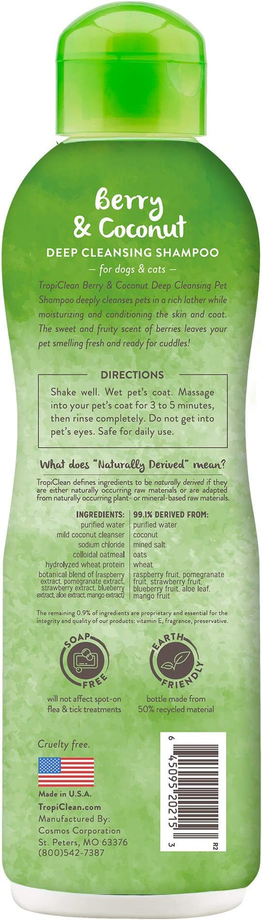 TropiClean Deodorizing Dog Shampoo for Smelly Pets, Long Lasting Odor Control, Puppy Safe, Made in the USA, Berry Scent, Cat Friendly, 20oz.