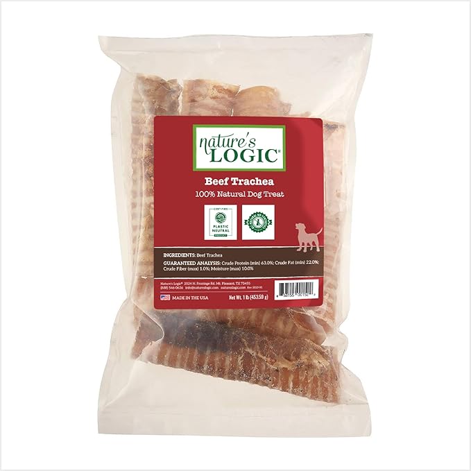 Nature's Logic Beef Trachea Dog Chew Treat - 100% USDA Prime Beef, All Natural Single Ingredient Dog Snack - Promotes Dental Hygiene - High Protein, Carnivore Recreation - Beef Trachea Treat, 1lb
