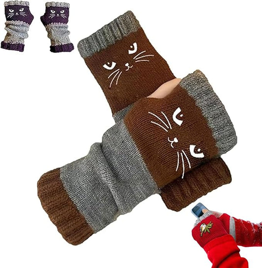 Fingerless Cat Gloves, Cute Cat Embroidery - Cat Embroidery Splicing Knitted Gloves, Warm Casual Women's Glove