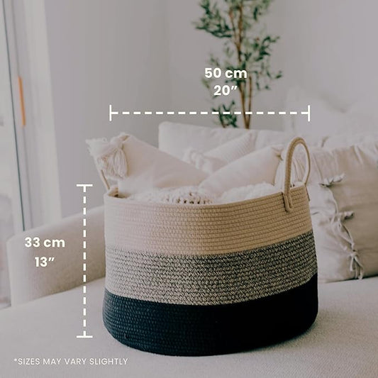 OrganiHaus Large Woven Storage Basket for Blankets and Toys 20" x 13" Inch, Rope Laundry Basket with Handles, Cushions & Pillows Storage Bin, Nursery Hamper, Soft Round Dog Toy Bin - Brown/Black
