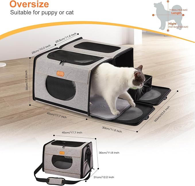 IC ICREATE.X Large Cat Carrier with Litter Box for Car Travel, Pet Carrier Bag 2-in-1，Double Cat Travel Transport Carrier for Long Distance, Collapsible Dog Crate, Cat Bag for Kitten 2 Cats