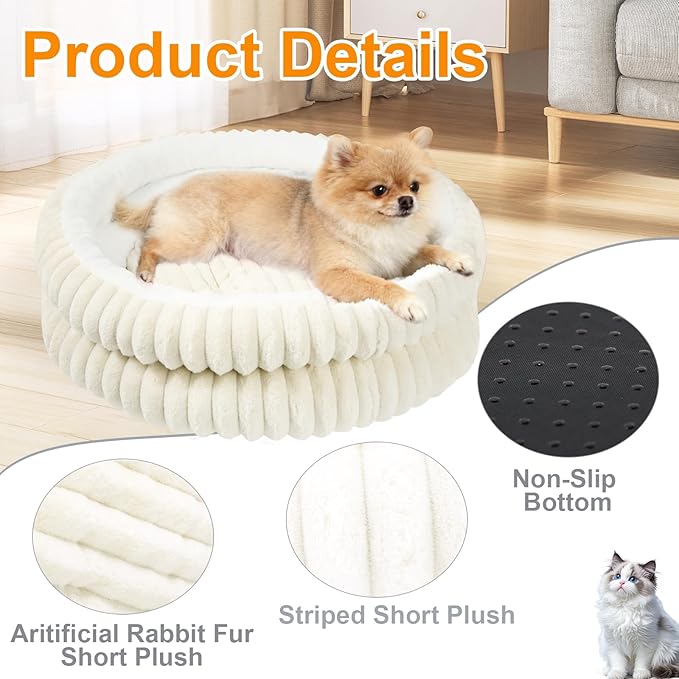 Cat Beds for Indoor Cats,Washable Round Donut Dog Bed,Fluffy Puppy Dogs Beds for Small Dogs with Anti-Slip Bottom (White, S)