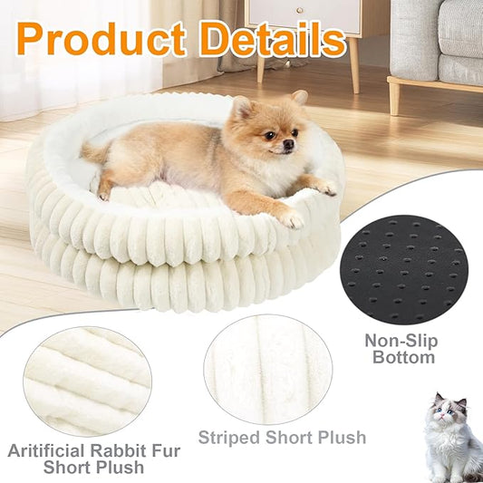 Cat Beds for Indoor Cats,Washable Round Donut Dog Bed,Fluffy Puppy Dogs Beds for Small Dogs with Anti-Slip Bottom (White, S)