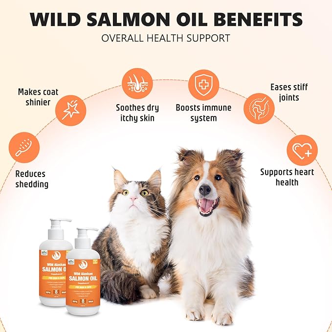 Wild Salmon Oil for Dogs & Cats 8oz Omega 3 Fish Oil Skin & Coat Supplement Pure Fish Omega 3 6 9 Liquid EPA DHA Fatty Acids - Itchy Relief Supports Joint Function, Brain, Eye, Immune & Heart Health