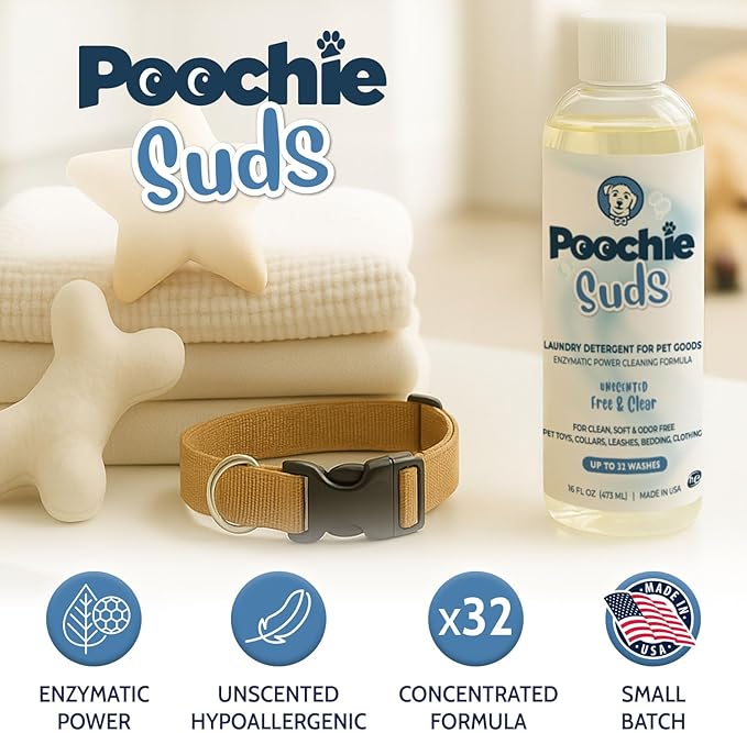 Poochie Suds Pet Laundry Detergent, Enzyme Cleaner and Odor Remover, Hypoallergenic and Fragrance-Free Pet Safe Detergent for Dog and Cat Bedding, Blankets, Toys and Gear, Made in USA, 16 fl oz