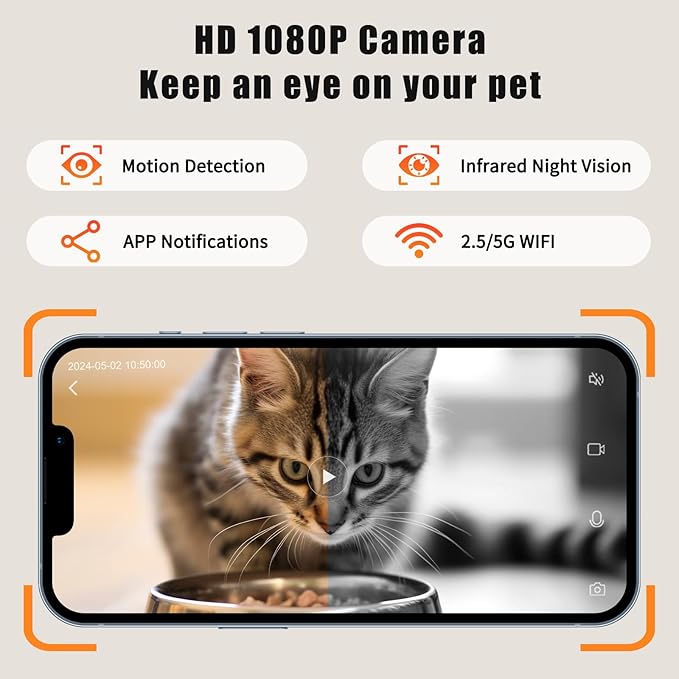 Lychee Automatic Cat Feeder with Camera, 5G WiFi Pet Feeder, 1080P HD Video with Night Vision,2-Way Audio Smart App Control, 2.8L Dry Food Dispenser for Cats and Samll Dog