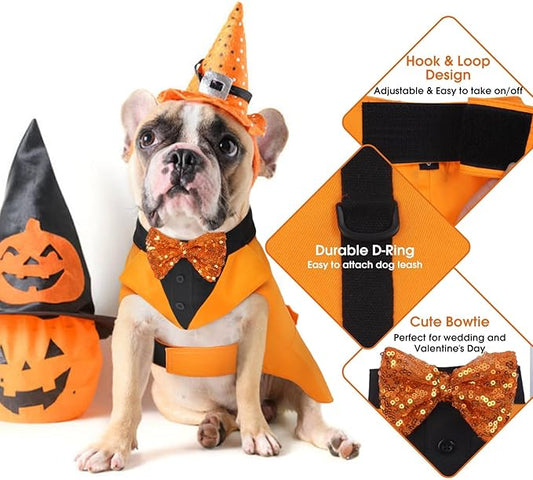 Kuoser Dog Tuxedo Suit and Bandana Set, Pumpkin Color Dogs Thanksgiving Outfit Adjustable Dog Halloween Costume with Bow Tie for Large Medium Small Dogs Golden Retriever Samo Bulldogs, M