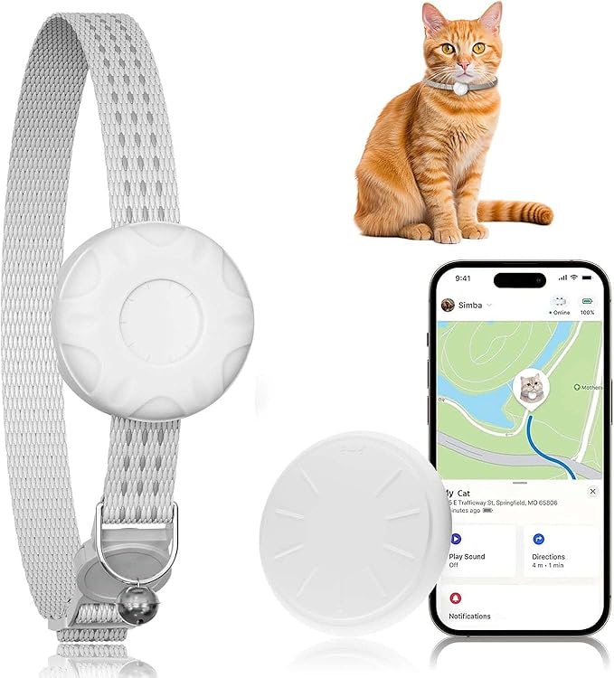 GPS Tracker for Cats, Compatible with Apple Find My App (Only iOS), No Monthly Fee Cat Tracker, Waterproof (White Tracker, White Cat Collar)