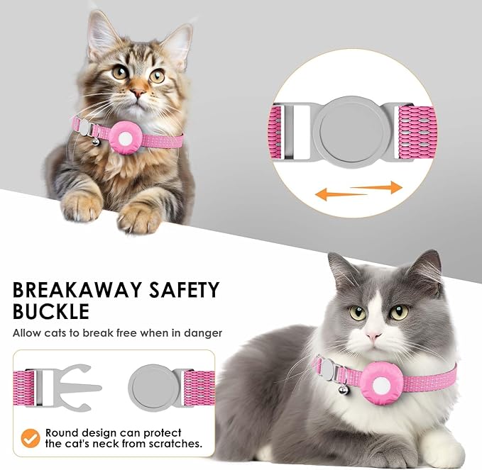 Cat GPS Tracker, Cat Tracker Compatible with Apple Find My App (Only iOS), No Monthly Fee, Waterproof, Breakaway Collar Included, Up to 1 Year Battery (White Tracker, Pink Cat Collar)