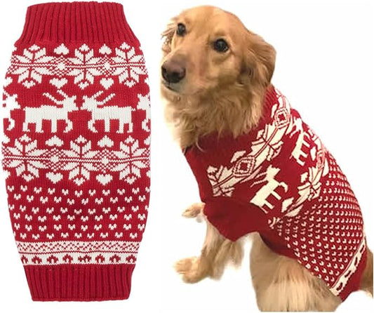 Lanyarco Red Christmas Dog Sweater, Reindeer Holiday Festive Xmas Dog Christmas Sweaters for Medium Large Dogs, Back 19.5" (XL) Size