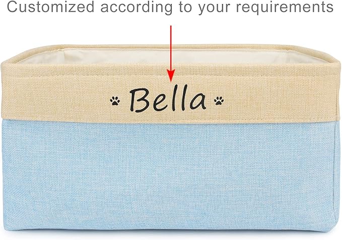 Dog Toy Box Storage Basket Bin with Personalized Custom Pet's Name Collapsible Rectangular Storage Bag For Organizing Dogs cat Clothes，Shoes，Pet Accessories (Light blue, M)
