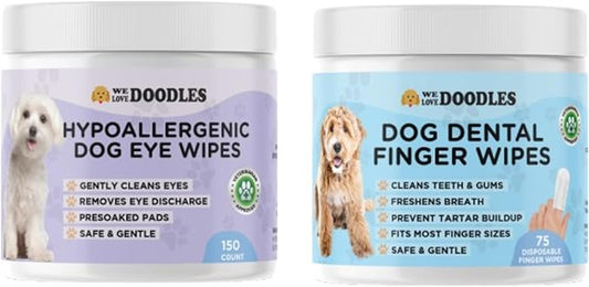 We Love Doodles Dog Teeth Cleaning Wipes & Dog Eye Wipes- Pet Dental Finger Wipes for Dogs, Freshens Breath Dog Dental Wipes, Pre-Soaked Pet Eye Wipes Pads, Safe Dog Eye Cleaner