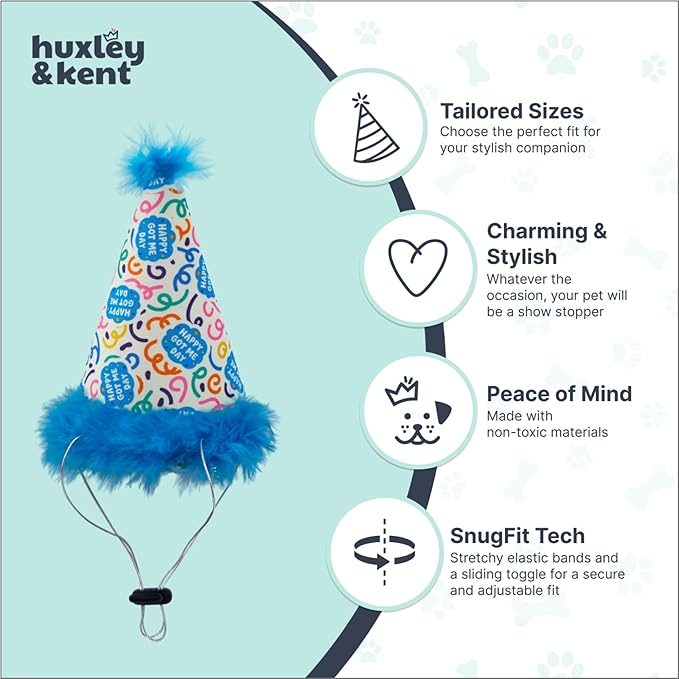 Huxley & Kent Pet Party Hat w/SnugFit Tech - Cute Glitter Doggie Birthday Party Hat - Cat & Dog Birthday Hat - Dog Hats for Parties, Adoption or Gotcha Day (Happy Got Me Day, Large)