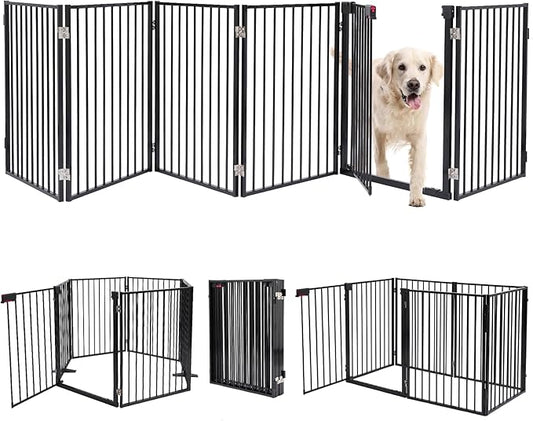 Metal Freestanding Dog Gates with Door,Extra Wide 24", 32" Height Foldable Dog Fence for Indoor & Outdoor, Heavy Duty Freestanding Pet Barrier for Stairs, Doorways, Halls, Kitchen,Yard,Christmas Tree