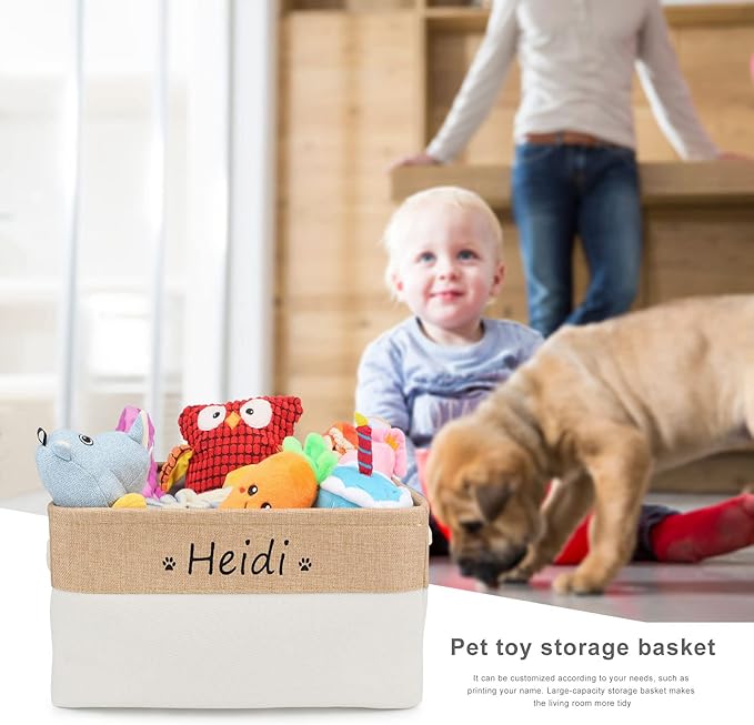 Dog Toy Box Storage Basket Bin with Personalized Custom Pet's Name Collapsible Rectangular Storage Bag For Organizing Dogs cat Clothes，Shoes，Pet Accessories (Beige, L)