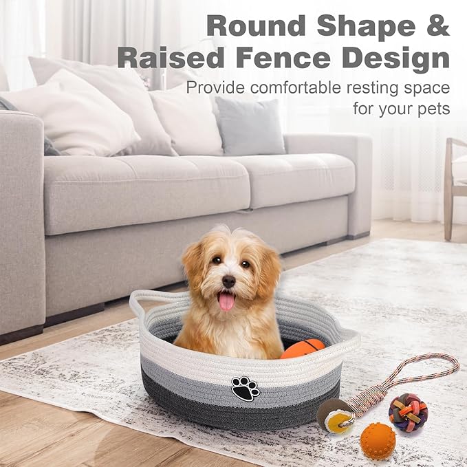 Dog Toy Basket, Toy Box and Bin for Dog Cat Storage, 13.5" X 11" X 5" Small Woven Rope Basket for Baby Storage, Closet, Living Room, White & Grey