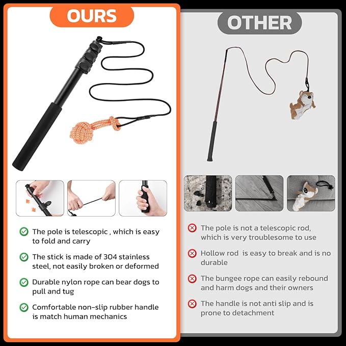 LOOBANI Flirt Pole for Dogs - Chase & Tug of War, Extendable Teaser Wand with Detachable Toys for Medium Dogs Training & Exercise, 48.8in