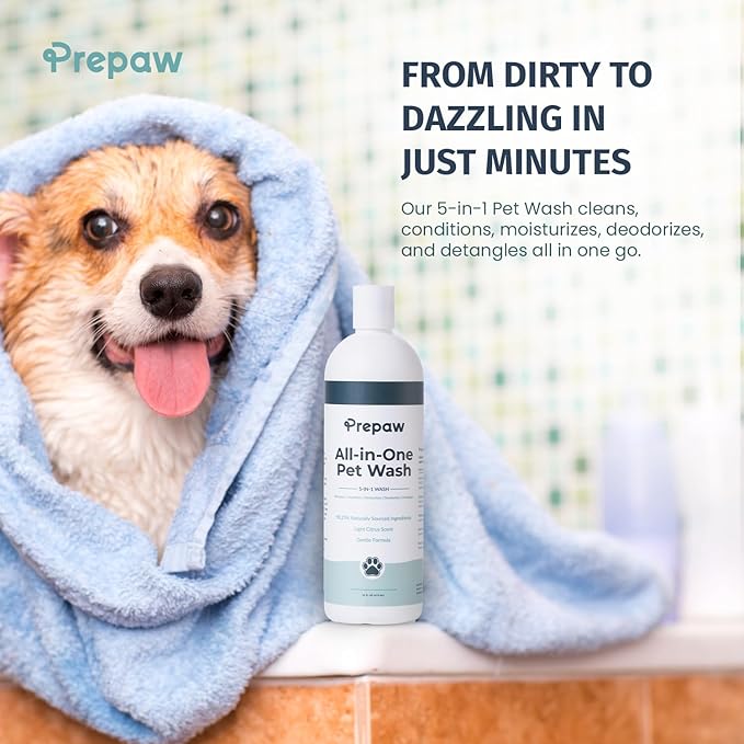 Pet Wash - 5 in 1 (Cleans, Conditions, Moisturizes, Deodorizes & Detangles) - Natural Ingredients - Gentle for Sensitive Skin - Softens Coat & Quick Rinse | Light Citrus Scent, 16 fl oz