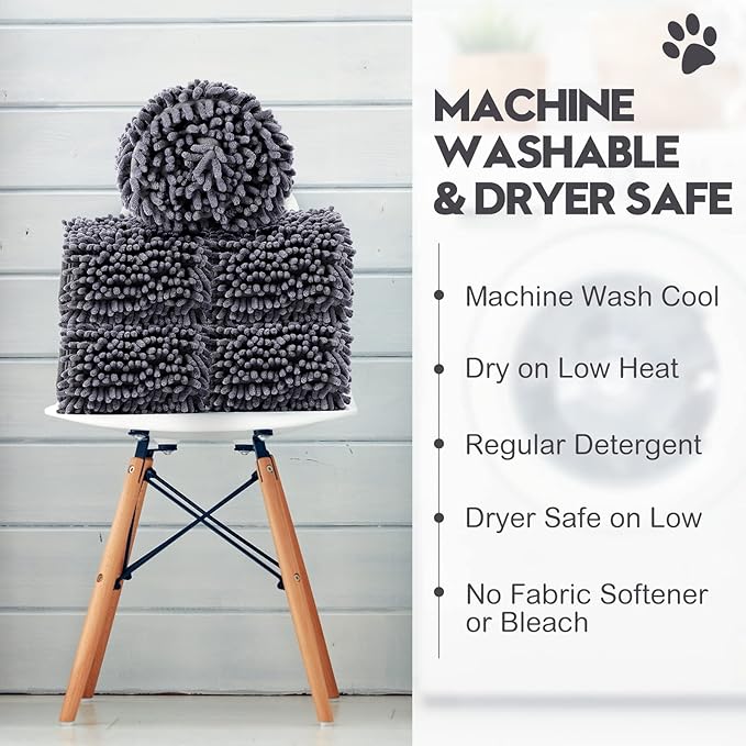 Newwiee 4 Pcs Large Dog Shammy Towel for Drying 32 x 14 in Microfiber Absorbent, Quick Drying Dog Bath Towel with Hand Pocket, Machine Washable for Pet Puppy Cleaning Shower Supplies(Grey)