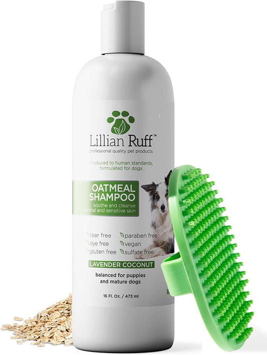 Lillian Ruff PRO Formula Deodorizing Oatmeal Dog Shampoo - Calms Itching & Allergies, Ultra-Nourishing Dry Skin Relief - Oatmeal, Aloe, Coconut Oil, Lavender & Provitamin B5 - Made in USA 16oz+Brush