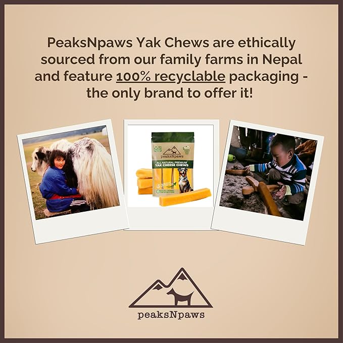 peaksNpaws Himalayan Dog Chews, High Protein Yak Cheese, Lactose Free, Natural Dog Treat, Long Lasting Chew Stick for Aggressive Chewers Under 35 lbs, 3 Medium Sticks, 100% Eco-Friendly Packaging
