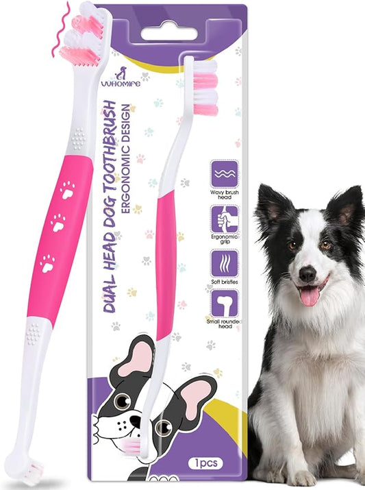 Dog Toothbrush – Newly Upgraded Dual-Head Design with 60° Wavy Bristles – Gently Surrounds Teeth for Deep Cleaning and Plaque Removal – Non-Slip Handle, Ideal for Daily Pet Dental Care (Pink, 1-Pack)