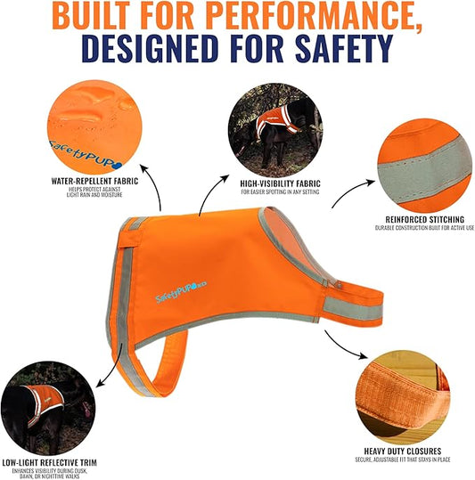 Blaze Orange Dog Vest, Lite Edition. High Visibility Dog Reflective Jacket with Mid Back Coverage. Ideal Hunting Vest, Reflective Gear for Small, Medium, and Large Breeds Helping to Keep Your PUP Safe