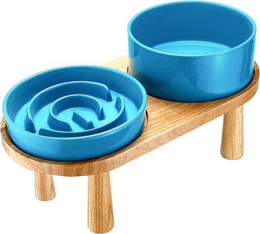 Ceramic Slow Feeder and Water Bowl Set for Small Dogs, 6.0inch Ceramic Dog Bowls Elevated with Wooden Stand, 0.6 Cups Dog Slow Feeder(14oz) and 30oz Water Bowl Set, Blue
