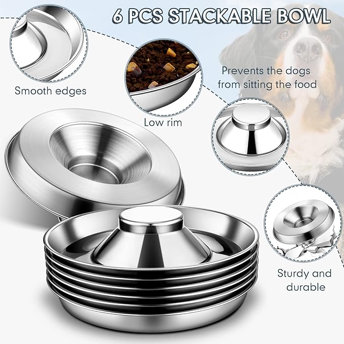 Zopeal 6 Pcs 11.8" Stainless Steel Puppy Bowls Puppy Food Feeding Bowl Dog Food Water Slow Feeder Bowls, Weaning Feeder for Litters, Small Medium Large Dogs, Pets, Multiple Puppies, Gift for Christmas