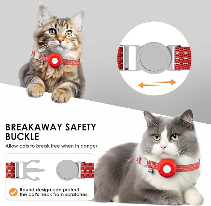 Cat GPS Tracker, Cat Tracker Compatible with Apple Find My App (Only iOS), No Monthly Fee, Waterproof, Breakaway Collar Included, Up to 1 Year Battery (Red Cat Collar)