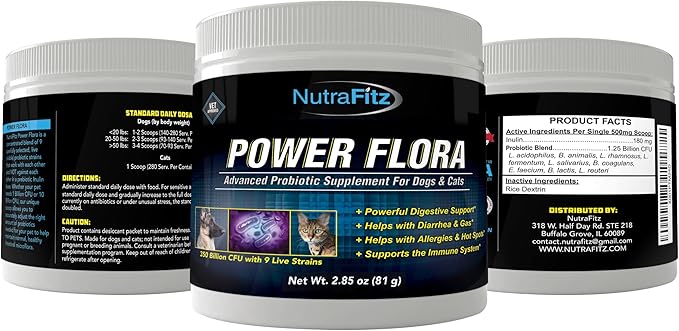Power Flora - Probiotics for Dogs and Cats with 9 Live Strains - Dog Probiotics Improves Dog Breath, UTI, Diarrhea, Constipation, Skin Allergy, Hot Spots - Odorless Powder - 350 Billion CFU/jar