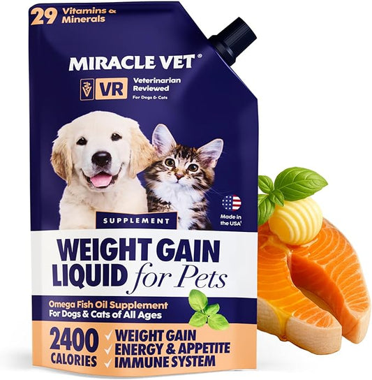 Miracle Vet High-Calorie Weight Gainer for Dogs & Cats - Multivitamin Nutritional Supplement Gel, Omega Fish Oil, Calcium - Puppy, Senior, Prenatal Cat & Dog Vitamins, Supplements for Weight Gain