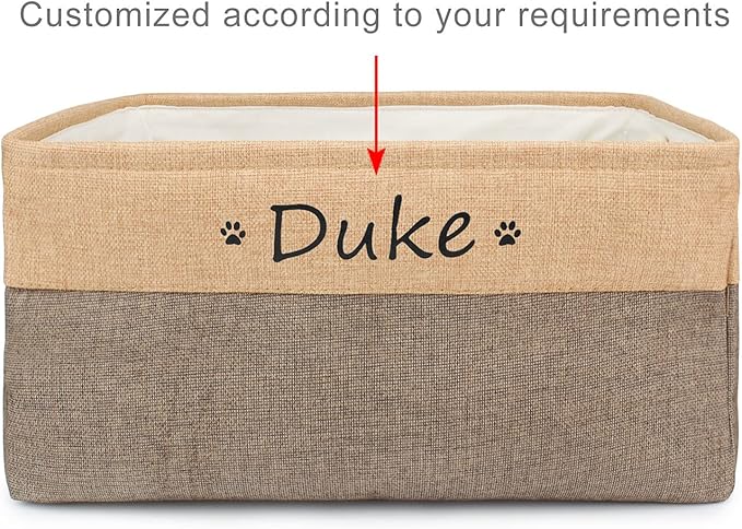 Dog Toy Box Storage Basket Bin with Personalized Custom Pet's Name Collapsible Rectangular Storage Bag For Organizing Dogs cat Clothes，Shoes，Pet Accessories (Coffee, M)