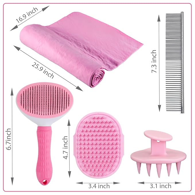 Dog Bath Brush Washing Kit - 5pcs Dog Grooming Washing Brush & Drying, Adjustable Handle Scrubber Massager Bathing Brush for Long & Short Haired Dogs, Scalp Scrubber Hair Bath Brush Set Pink