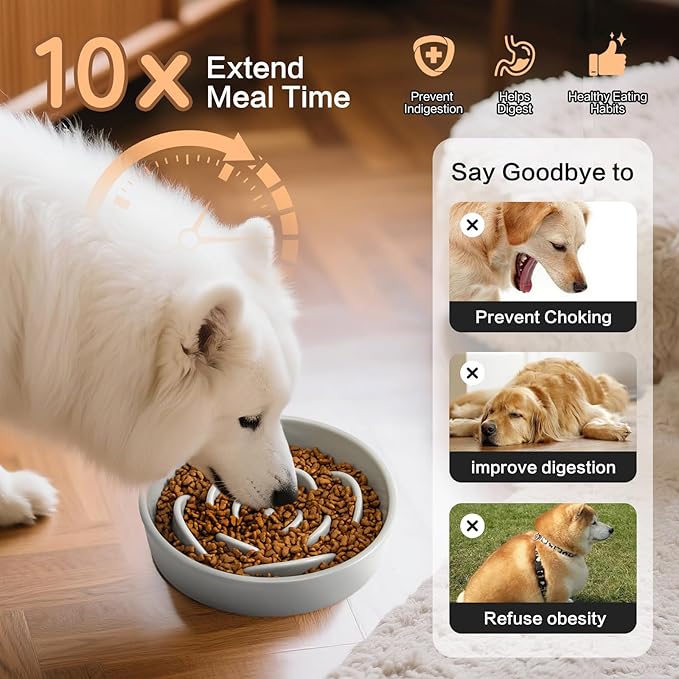 8.25'' Ceramic Slow Feeder Dog Bowls - Petal Shape Modern Dog Food Dish for Medium and Large Breeds, Puzzle Maze Bowl to Slow Down Eating, Anti-Gulping, Dishwasher & Microwave Safe, Grey