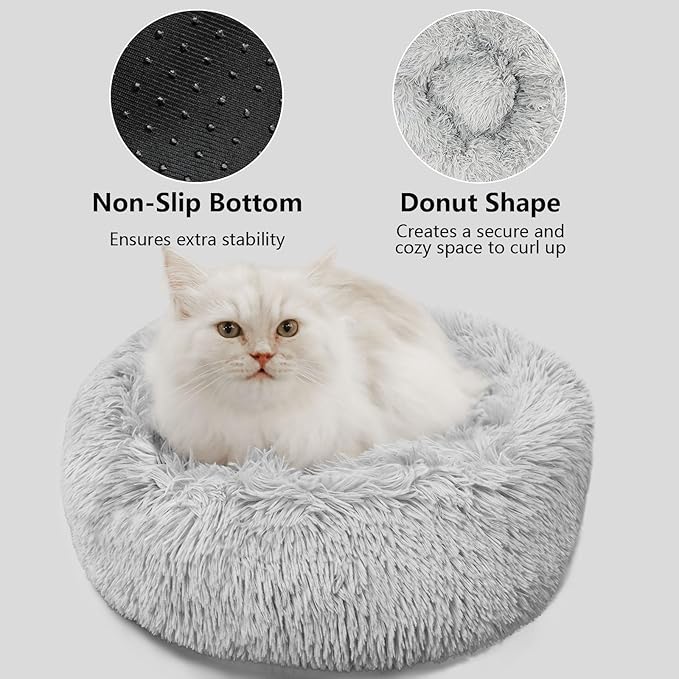 Dog & Cat Bed for Indoor Cats, 21.5 in Calming Donut Bed for Puppy and Kitten, Washable Round Fluffy Pet Bed for Small Medium Dogs and Cats Cotton Faux Fur, Anti-Slip Base (Light Grey)