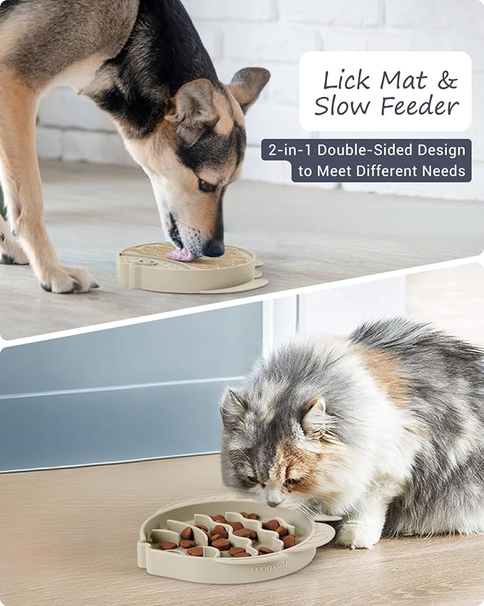 Coomazy 2-in-1 Silicone Slow Feeder Dog Cat Bowls, Lick Mat Interactive Puzzle Toy for Pets Food Training, Keeps Dogs Cats Busy, Prevents Puppy Kitty Overeating (Beige, 1.2 Cup)