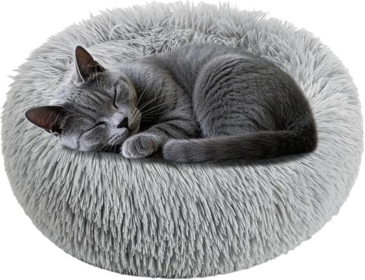 Cat Bed - Calming Cat Bed for Small Kittens Donut Washable Round for Indoor Kittens and Puppies, Anti-Slip Round Fluffy Plush Faux Fur, Small, Light Grey